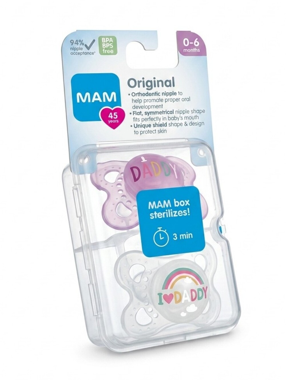MAM Original Pacifier Duo - Purple & White "I ♥ Daddy" Fathers Day Gift 0-6 M